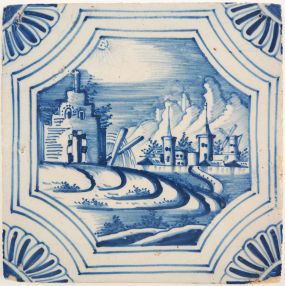 Antique Delft tile with a picturesque landscape scene, 18th century