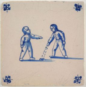 Antique Delft tile with two children playing a game of kooten, 19th century