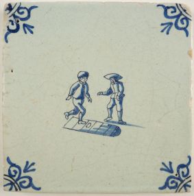 Antique Delft tile with two children playing a game of hopscotch, 17th century