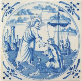 Antique Delft tile with Jesus saving Peter, 18th century