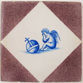 Antique Delft tile with Cupid and a Globus Cruciger, 20th century