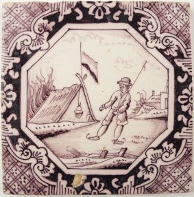 Antique Delft tile with an ice skater, 19th century