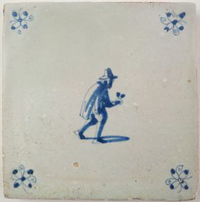 Antique Delft tile with a spectacles pedlar, 17th century