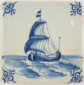 Antique Delft tile with a cargo boat under sail, 17th century 