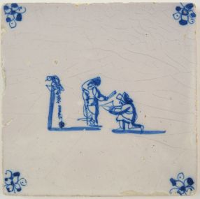 Antique Delft tile with two children shooting a bow and arrow, 17th century