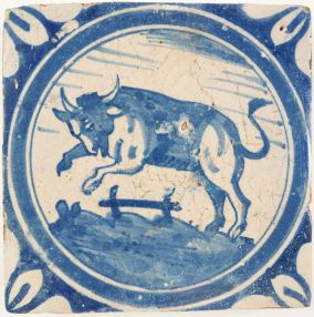 Antique Delft tile with a bull, 17th century