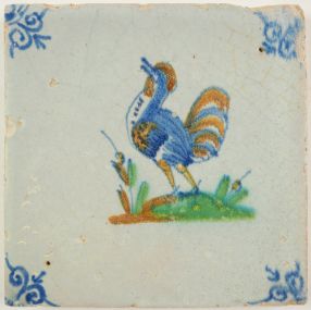 Antique Delft tile with a rooster, 17th century