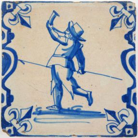 Antique Delft tile with a hunter, 17th century
