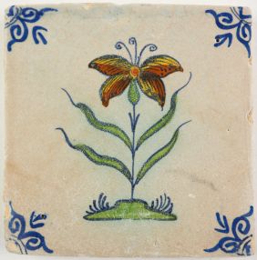 Antique Delft tile with a flowering Iris, 17th century
