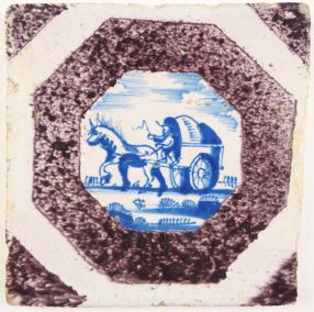 Antique Delft tile with a covered wagon, 17th century
