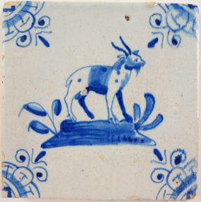 Antique Delft tile with a goat, 17th century