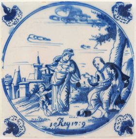 Antique Delft tile with Elijah and the Widow of Zarephath, 18th century