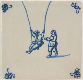 Antique Delft tile with two children on a swing, 18th century