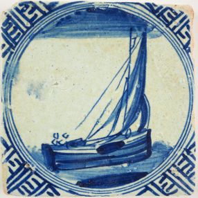 Antique Delft tile with cargo boat, 17th century