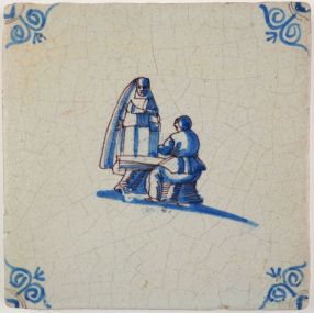 Antique Delft tile with two nuns, 17th century