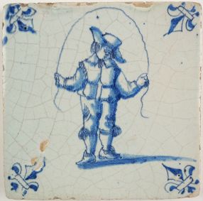 Antique Delft tile with a man jumping rope, 17th century