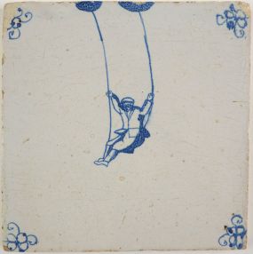 Antique Delft tile with a man swinging, 18th century