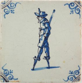 Antique Delft tile with a stilt walker, 17th century