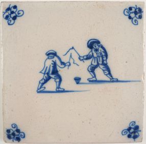 Antique Delft tile with two men spinning tops, 18th century