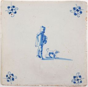 Antique Delft tile with a man and his pet dog, 17th century