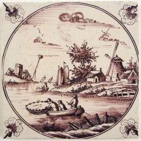 Antique Delft tile with a fishing scene, c. 1780