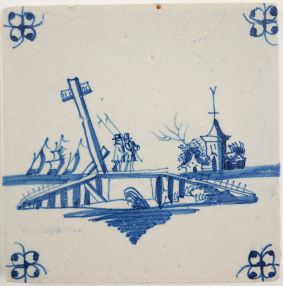 Antique Delft tile with a bridge, 18th century