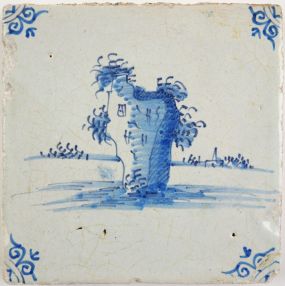 Antique Delft tile with a ruin, 17th century