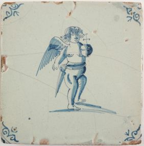 Antique Delft tile with a  Cupid, 17th century