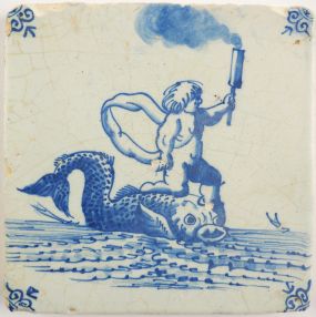 Antique Delft tile with putti on a dolphin, 17th century 