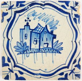 Antique Delft tile with a monastery, 17th century