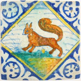 Antique Delft tile with a squirrel, 17th century