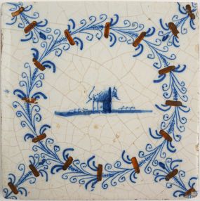 Antique Delft tile with a stronghold, 17th century