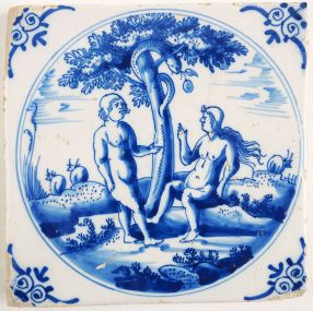 Antique Delft tile with Adam and Eve, 17th century