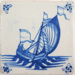 Antique Delft tile with a cargo boat, 17th century