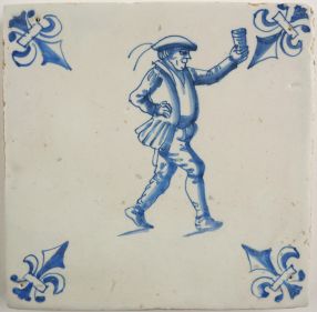 Antique Delft tile with a man bringing out a toast, 17th century