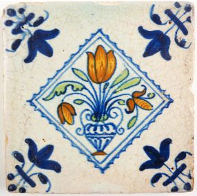 Antique Delft tile with a polychrome flower pot, 17th century