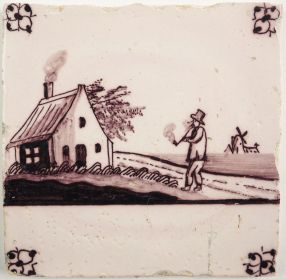Antique Delft tile with a man smoking a pipe, 19th century