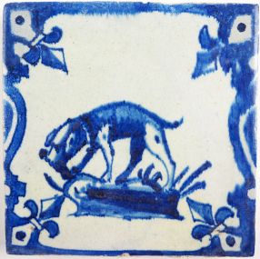Antique Delft tile with a dog in blue, 17th century