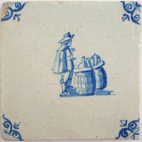 Antique Delft tile with a bartender, 17th century