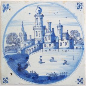 Antique Delft tile with a castle, 17th century