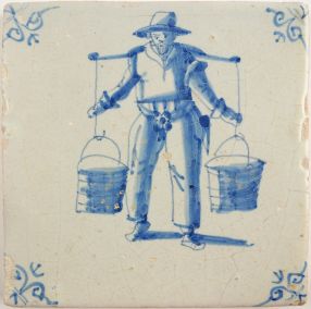 Antique Delft tile with a man with yoke, 17th century