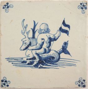 Antique Delft tile with a merman on a seahorse, 17th century