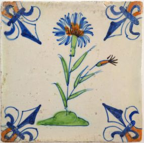 Antique Delft tile with a polychrome carnation, 17th century