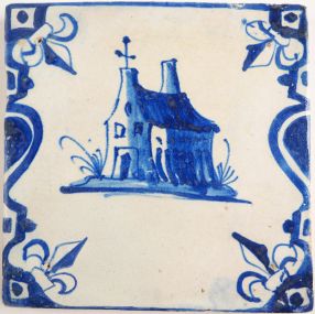 Antique Delft tile with a church, 17th century 