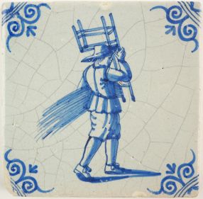 Antique Delft tile with a chair bottomer, 17th century
