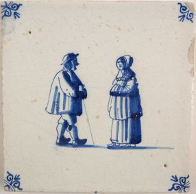 Antique Delft tile with a gentleman and lady, 17th century 