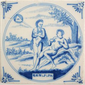 Antique Delft tile with the creation of eve, 19th century