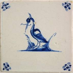 Antique Delft tile with a heron, 17th century