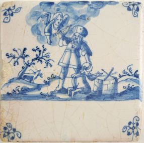 Antique Delft tile with Abraham offering Isaac, 17th century