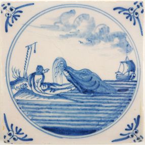 Antique Delft tile with Jonah spewed ashore, 18th century